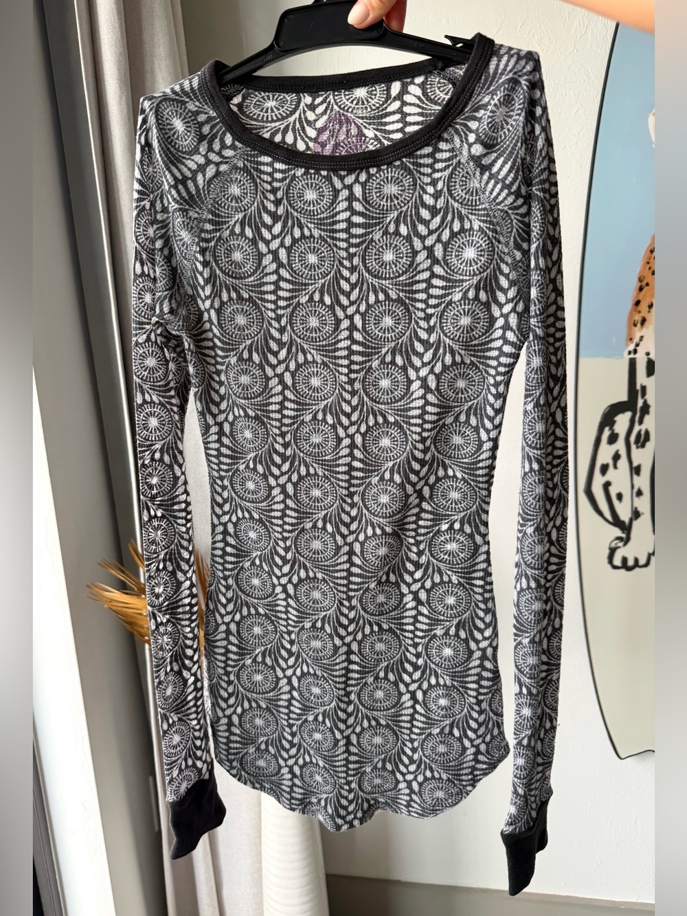 Vintage Free People Black & Gray Patterned Waffle Knit Thermal Top S
